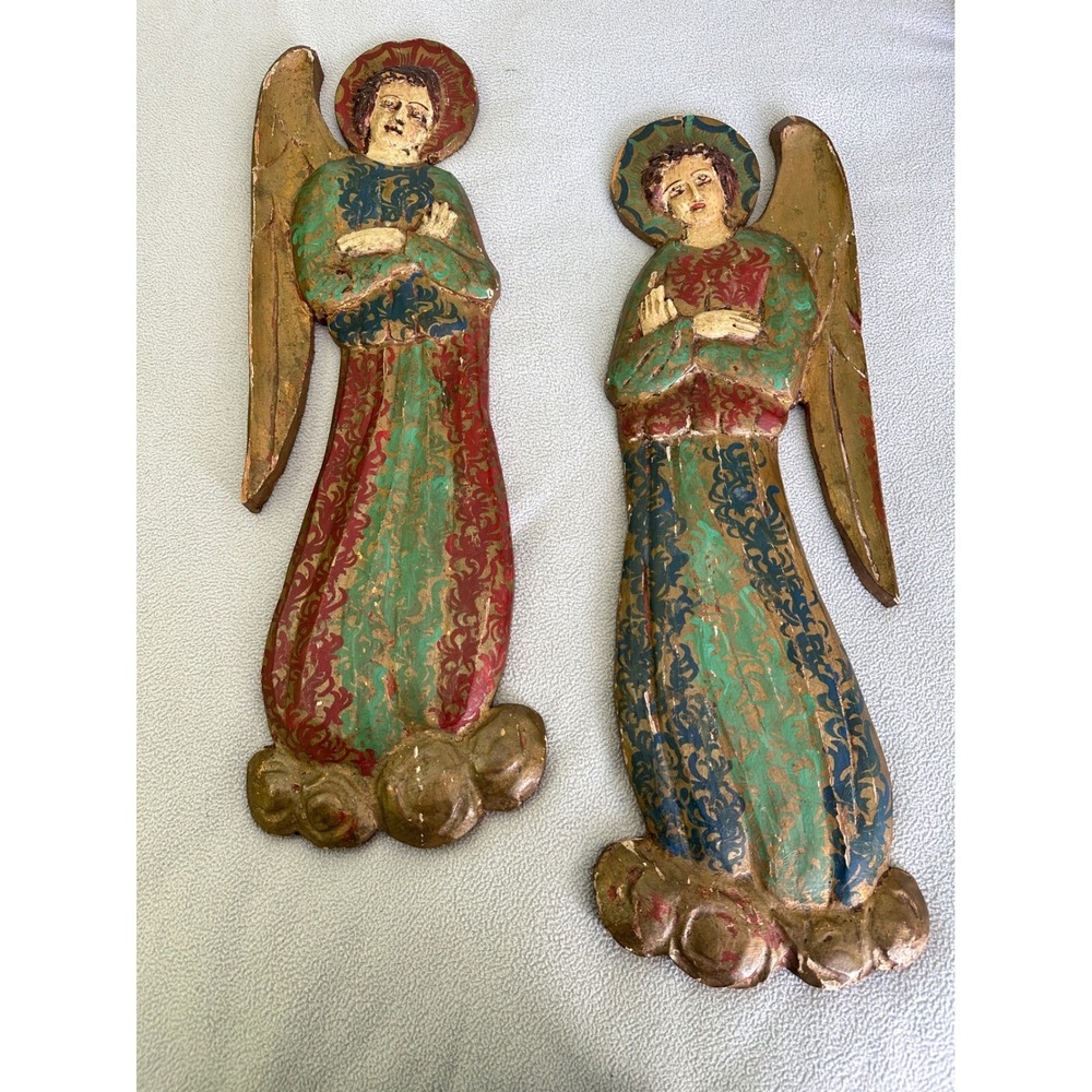 Antique Vtg Santos Angel Saint Carved Wood Folk Art Distress Pair Wall Plaque